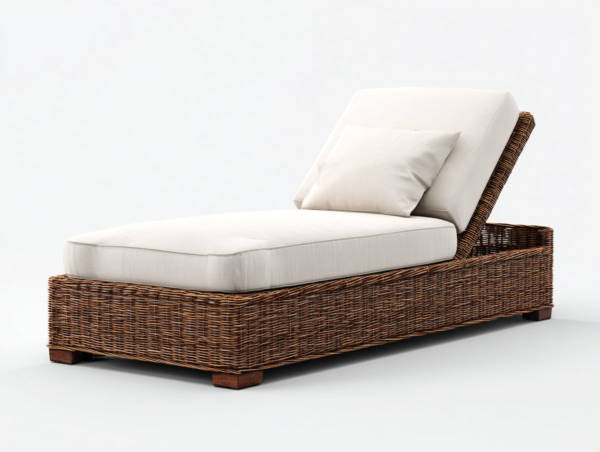 Bain de soleil - rotin-tissu-bois - 220 x 100 x 85 cm - marron-blanc - style naturel moderne