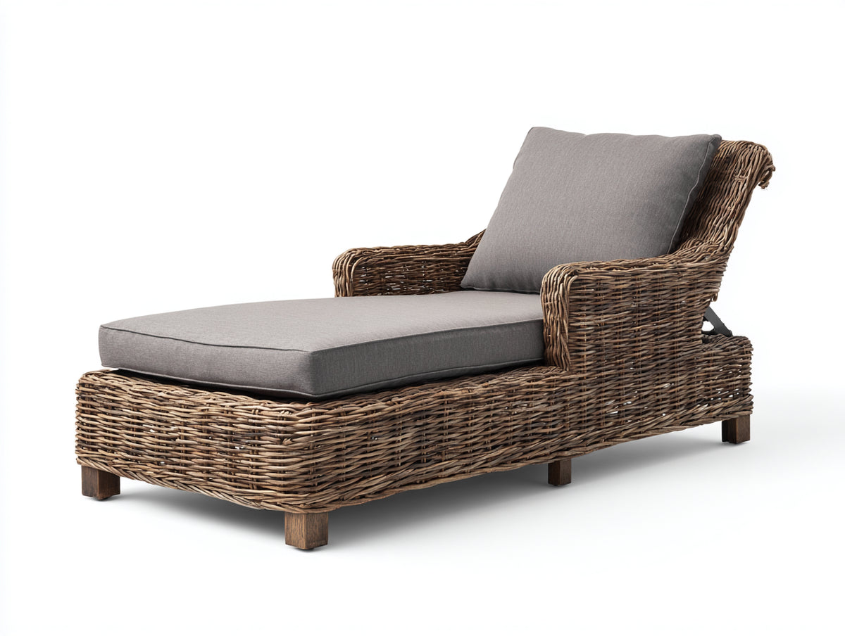 Bain de soleil - rotin-tissu-bois - 205 x 95 x 88 cm - marron-gris - style naturel moderne