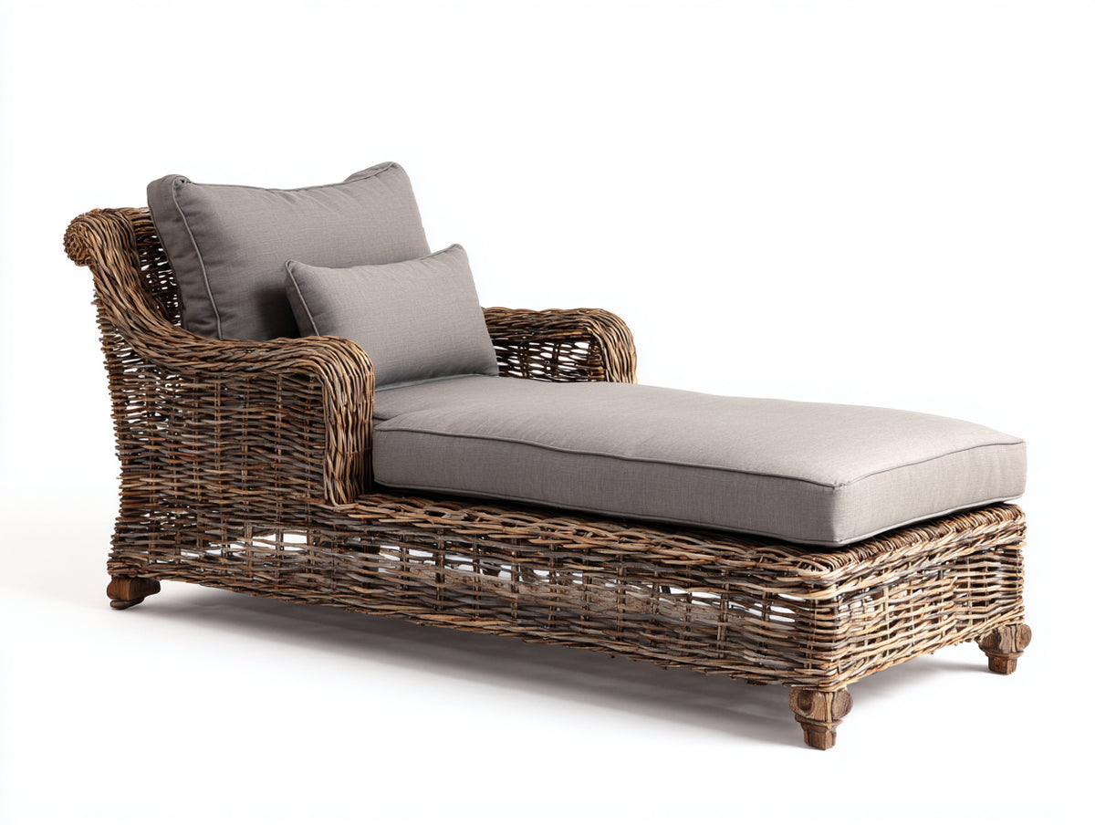 Bain de soleil - rotin-tissu-bois - 215 x 100 x 90 cm - marron-gris - style naturel classique